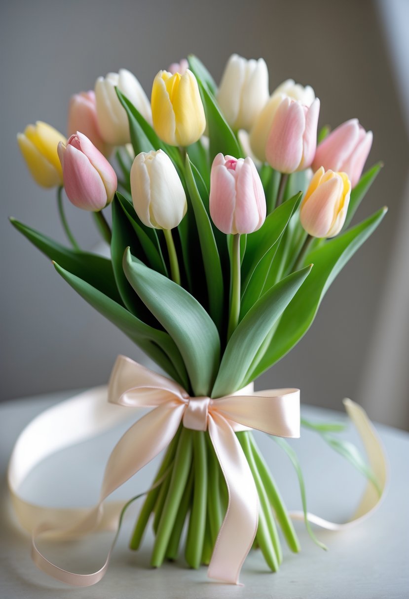 A small bunch of mini tulips tied with a satin ribbon on a neutral background.