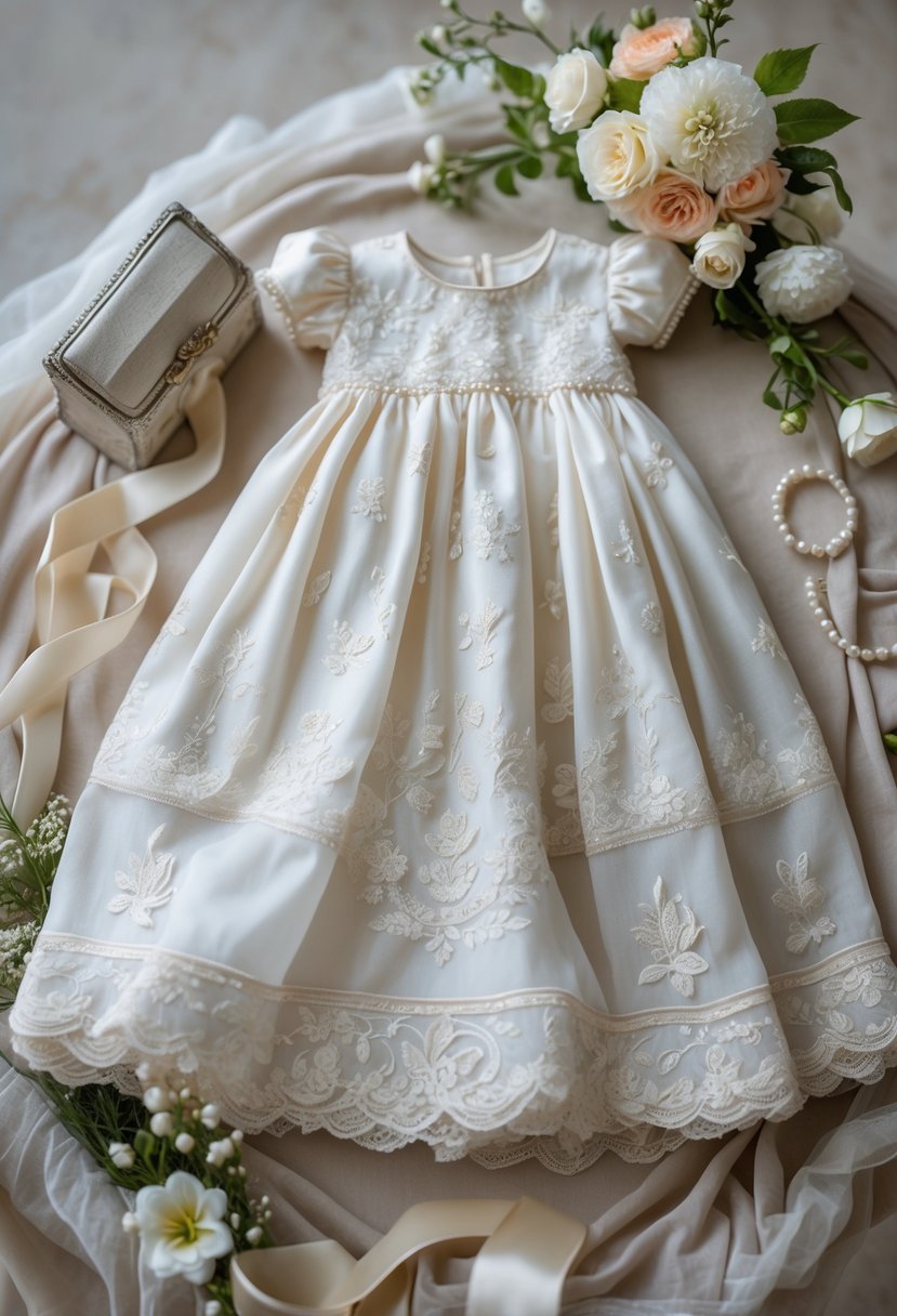 A delicate christening gown made of fine fabric displayed with small floral decorations on a soft surface.