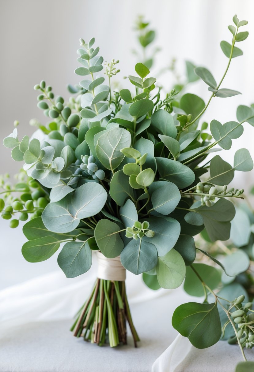 A small wedding bouquet made of mixed green leaves including silver dollar eucalyptus.