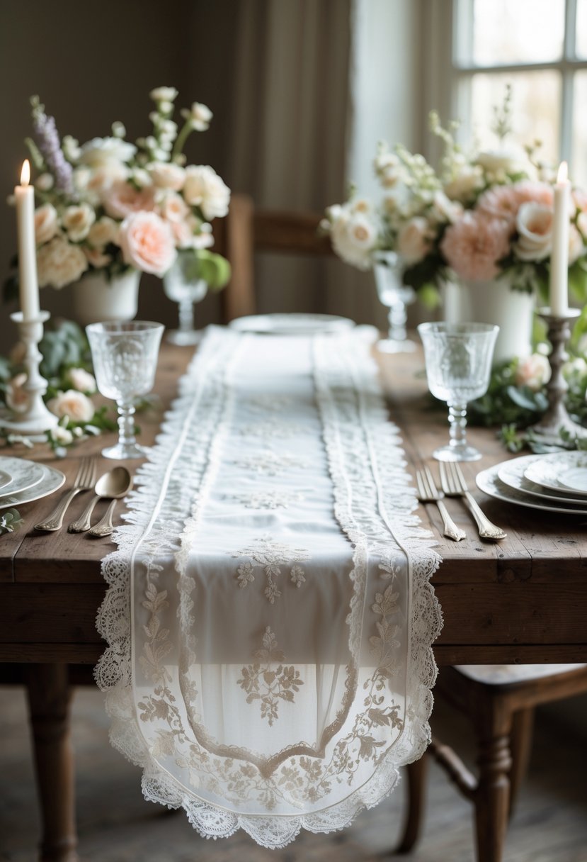 A white lace and tulle table runner made from an upcycled wedding dress draped over a wooden dining table with floral decorations and candles.