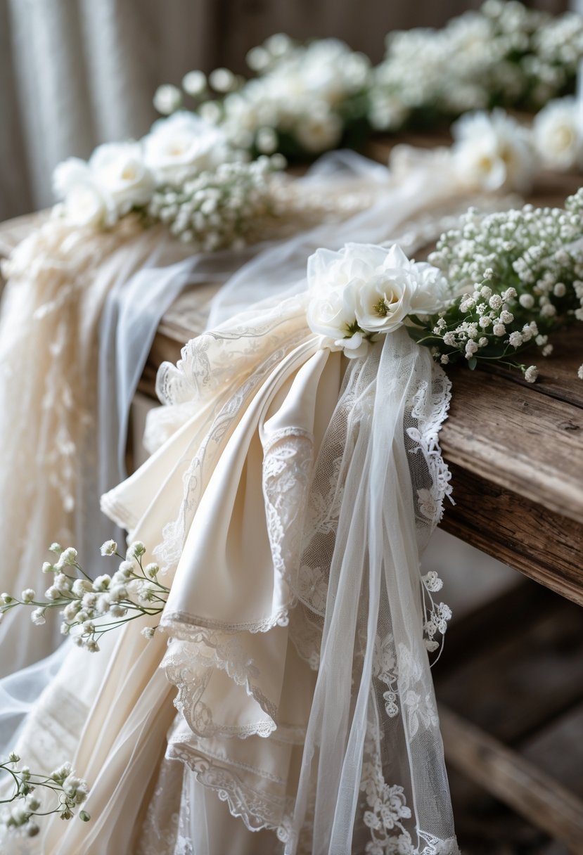 Close-up of a decorative garland made from white and cream wedding dress fabric arranged with small flowers on a wooden surface.
