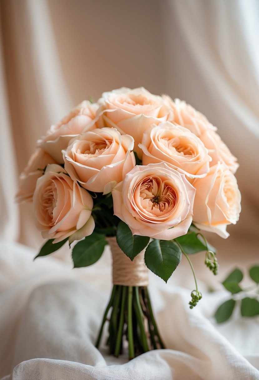 A small wedding bouquet made of soft peach garden roses with minimal greenery on a blurred neutral background.