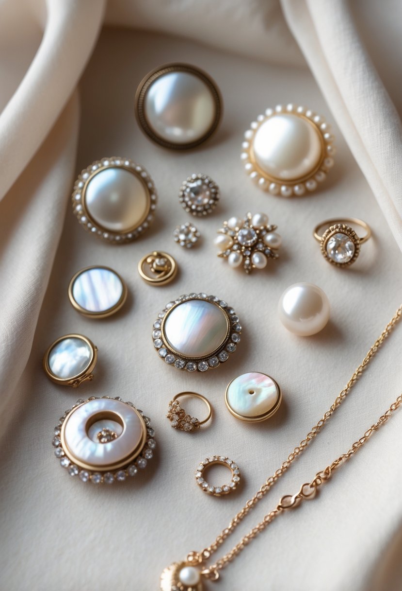 Close-up of vintage wedding dress buttons and heirloom jewelry arranged on soft fabric.
