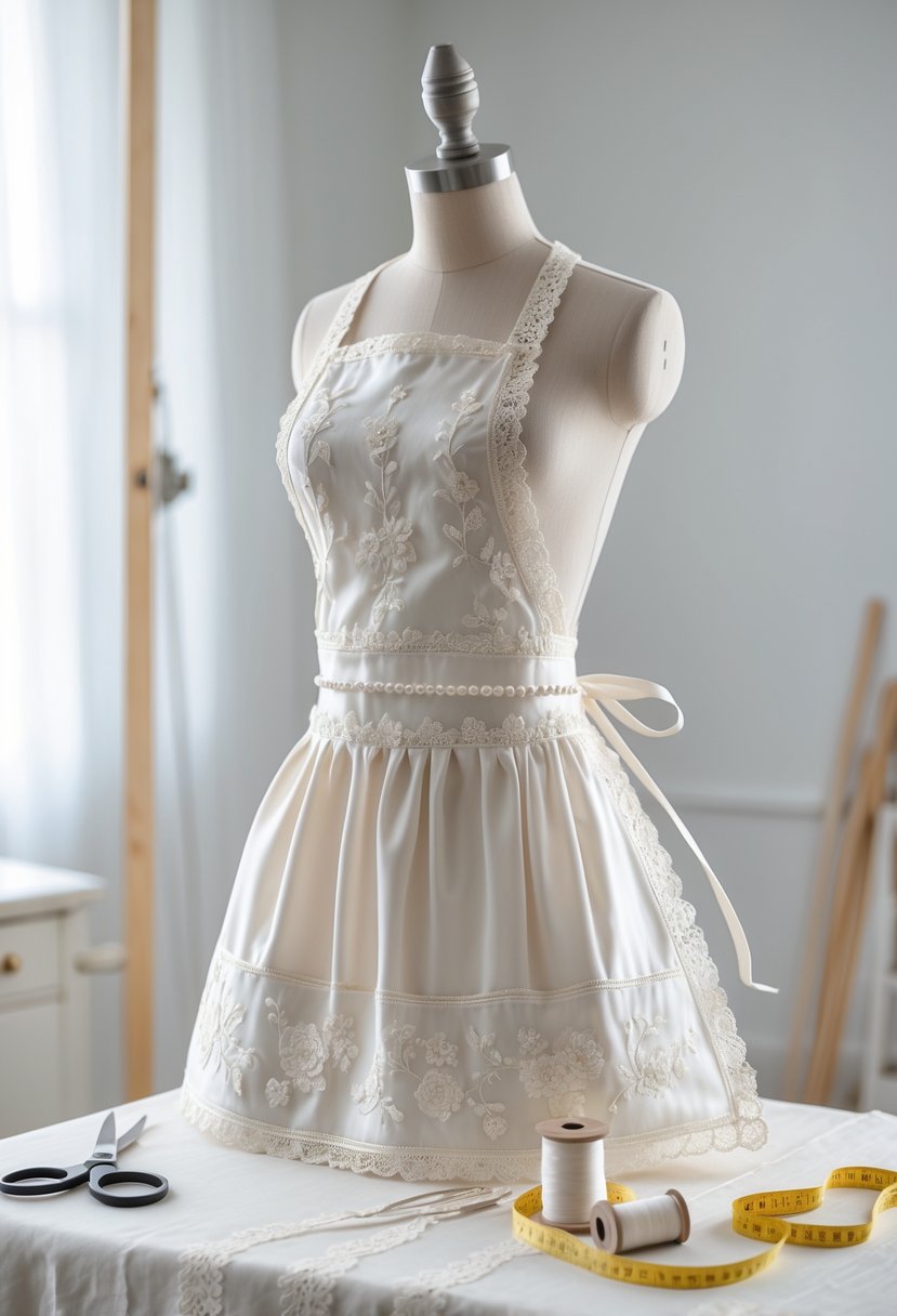 A custom apron made from wedding dress fabric displayed on a mannequin with sewing tools nearby.