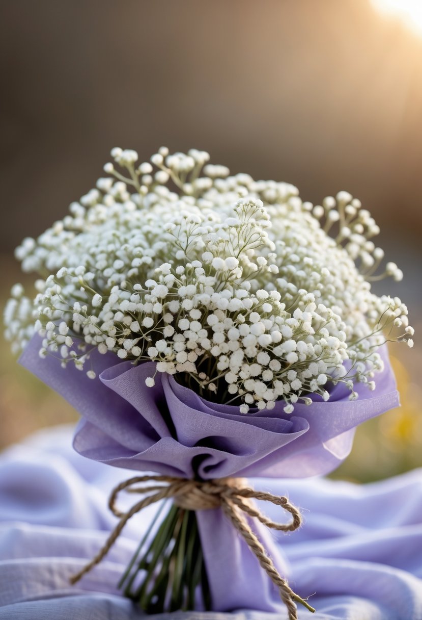 A small wedding bouquet of white Baby's Breath flowers wrapped in lavender fabric with a twine bow.