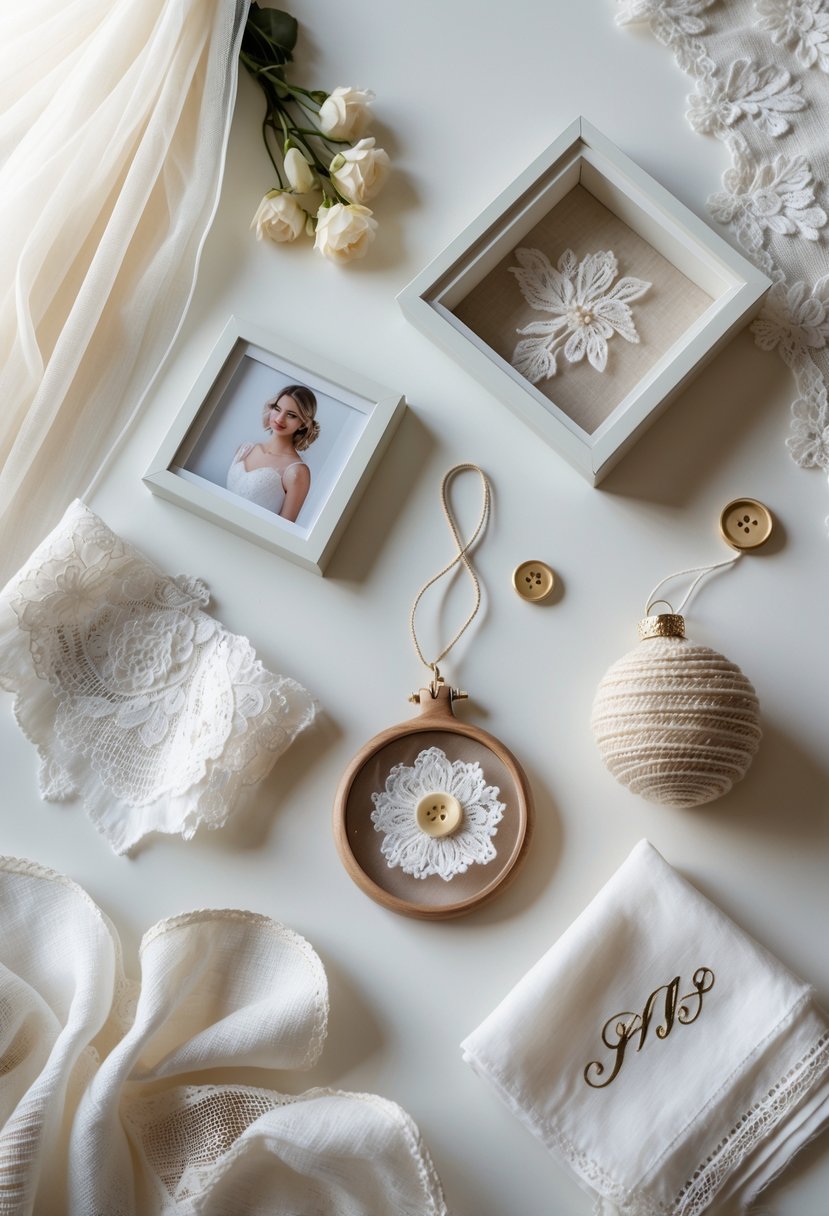 Flat lay of wedding dress keepsakes including fabric swatches, a framed photo, a shadow box with lace and buttons, an ornament, and an embroidered handkerchief on a white background.