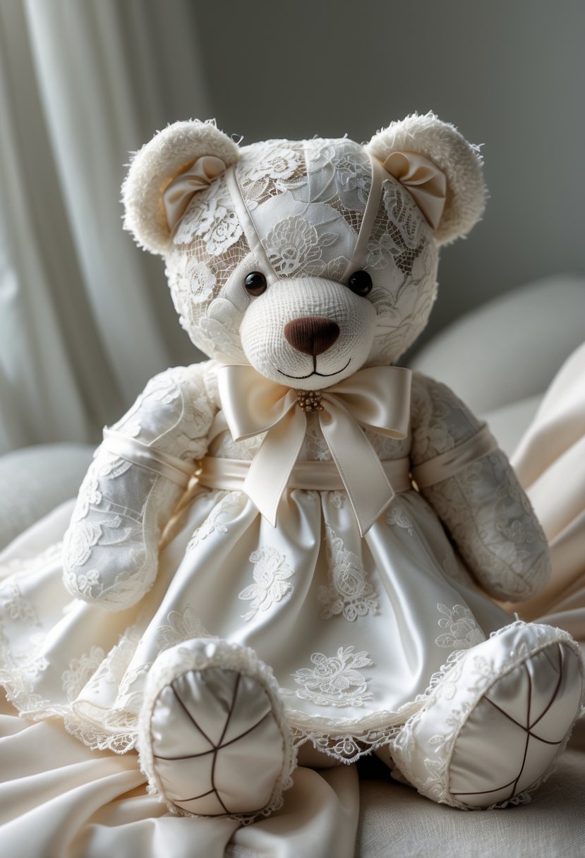 A teddy bear made from white wedding dress fabric sitting on a soft surface.