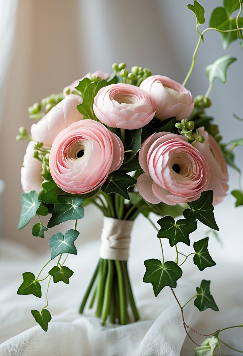 A small wedding bouquet with soft pink ranunculus flowers and green ivy leaves.