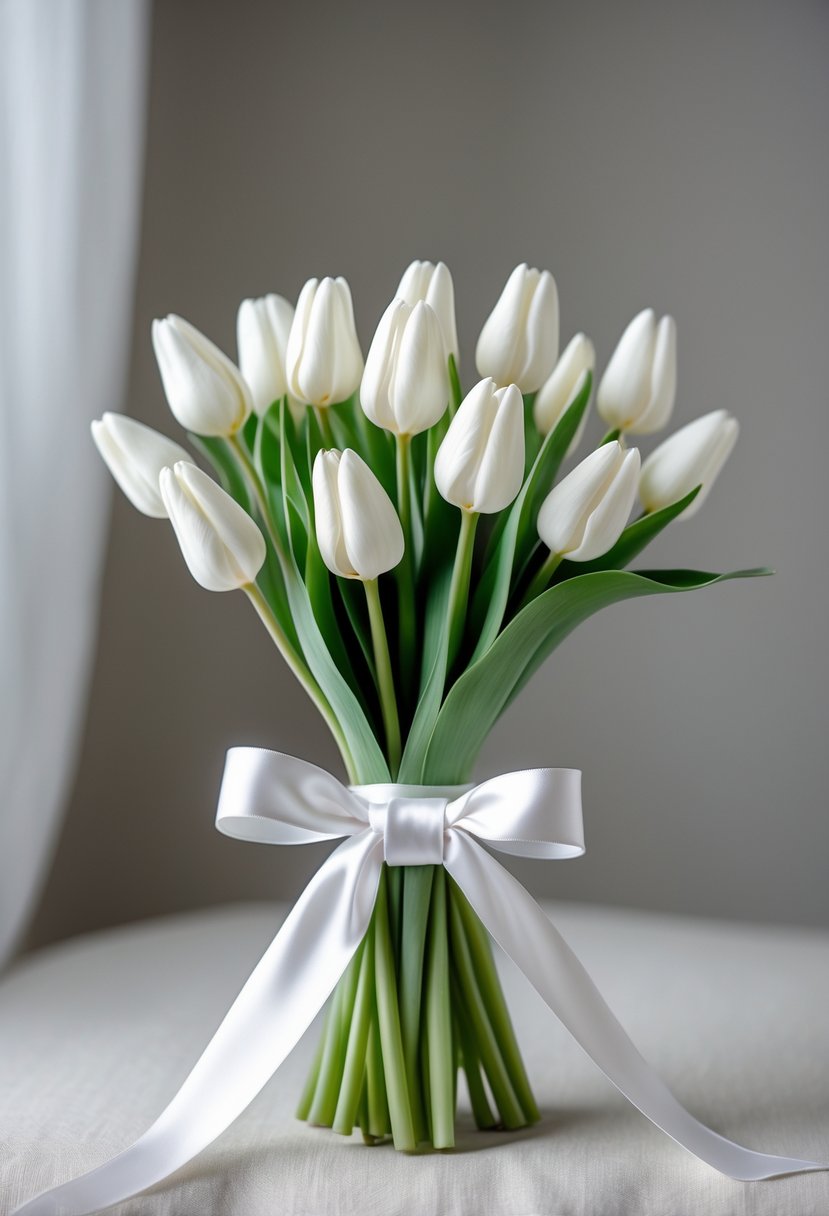 A small bouquet of white tulips tied with a white satin ribbon against a blurred neutral background.