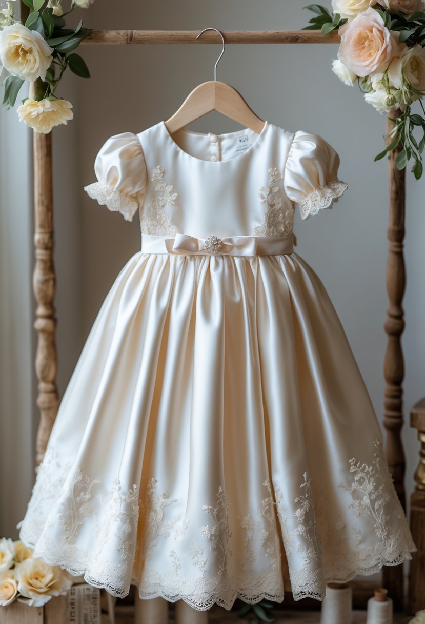 A flower girl dress made from wedding gown material hanging on a wooden hanger with sewing tools and flowers nearby.