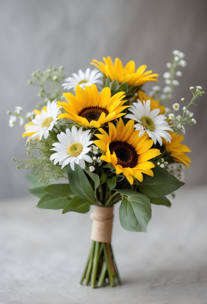 A small wedding bouquet made of yellow sunflowers and white daisies with green leaves.