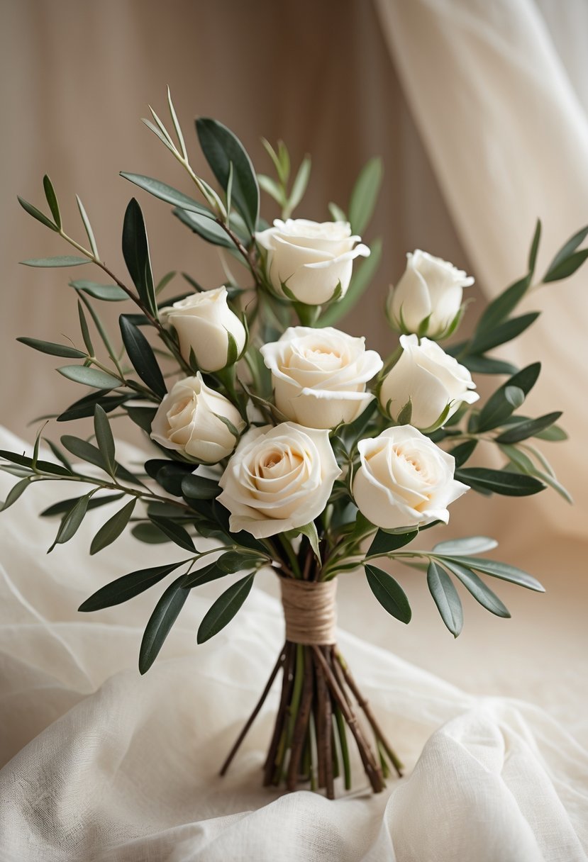 A small bouquet of white rose buds and olive branches arranged together.