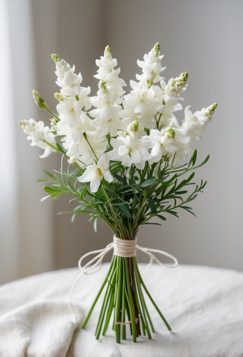 A small bundle of white freesia flowers tied together as a simple wedding bouquet on a light background.