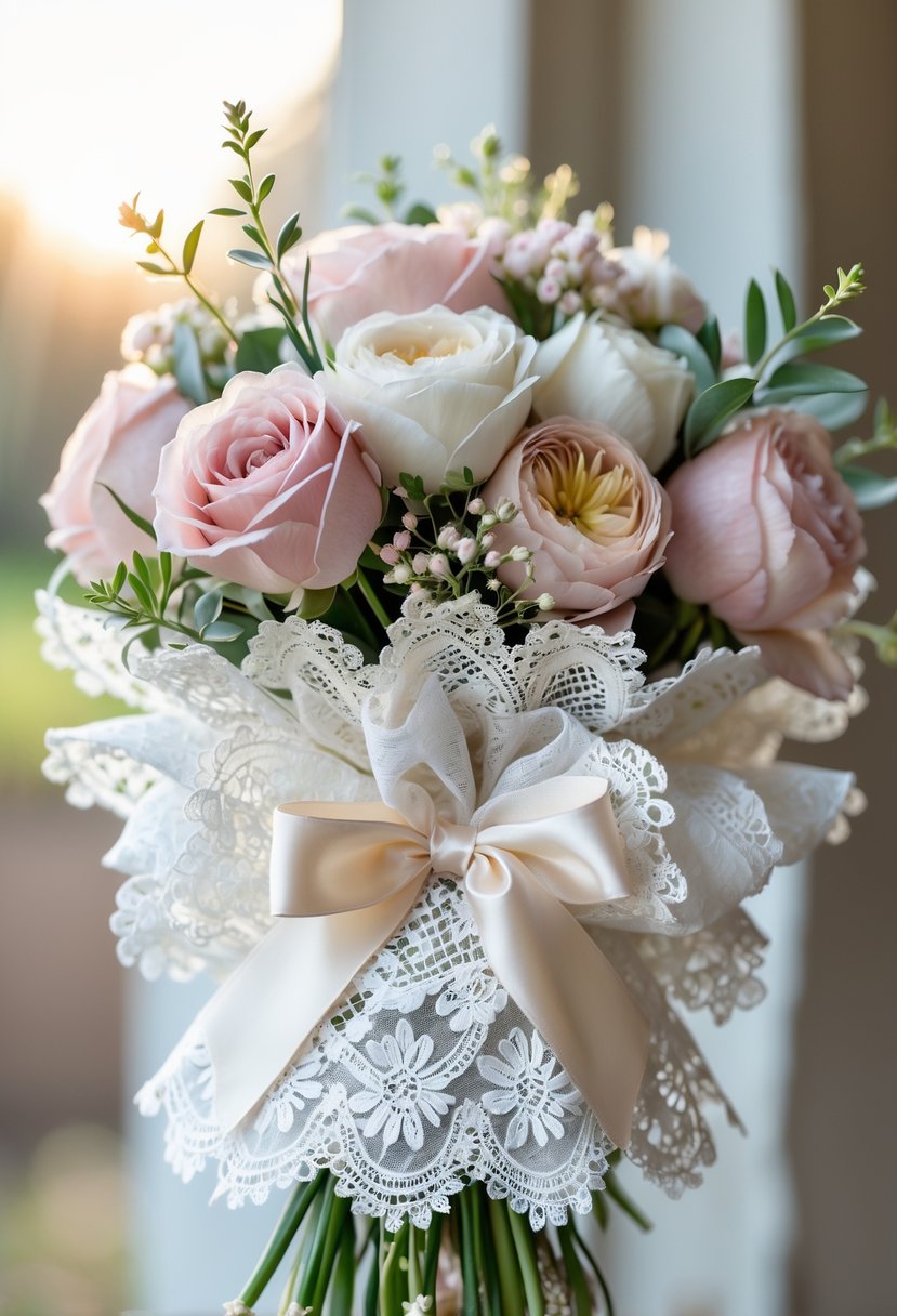 A bridal bouquet wrapped in white lace with pastel flowers and greenery.