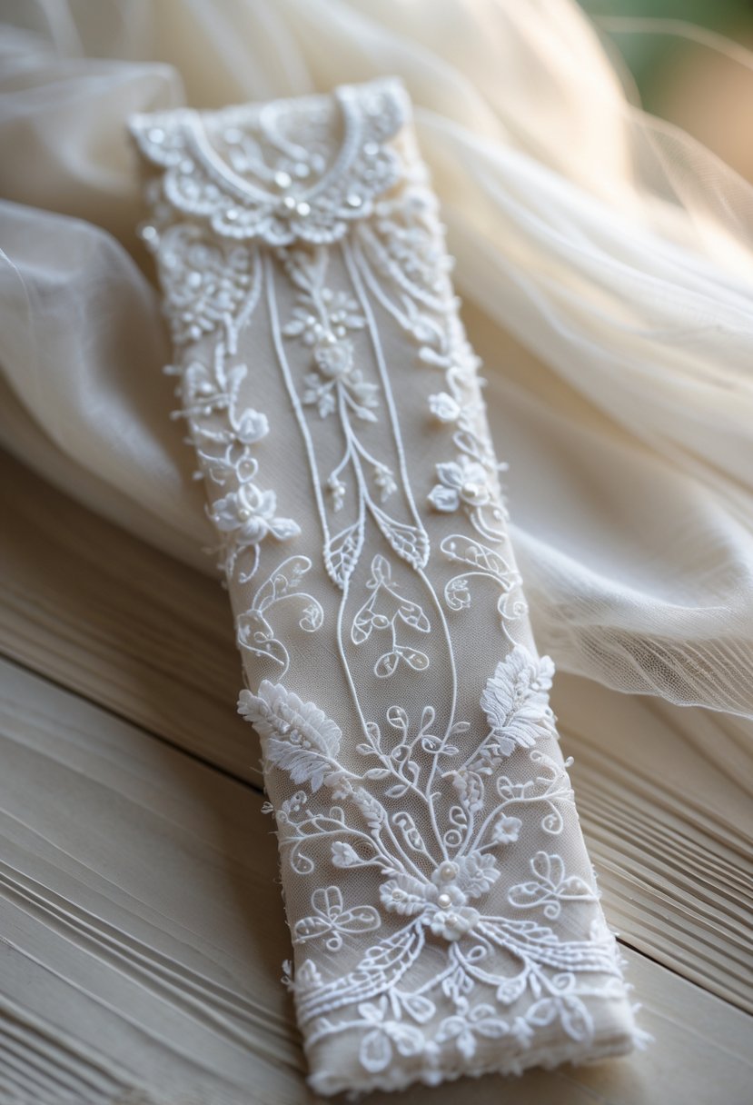 A close-up of a bookmark covered with white wedding dress fabric placed on a wooden surface.