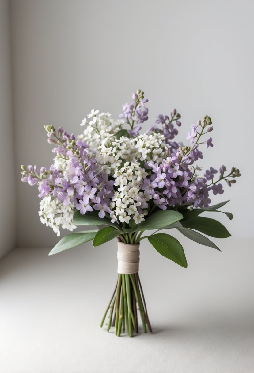 A small wedding bouquet of lilac and white waxflowers with green leaves on a neutral background.