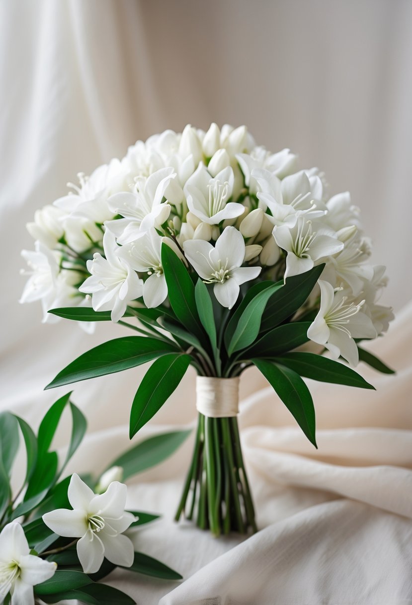 A small bouquet of white Stephanotis flowers with green leaves on a softly blurred neutral background.