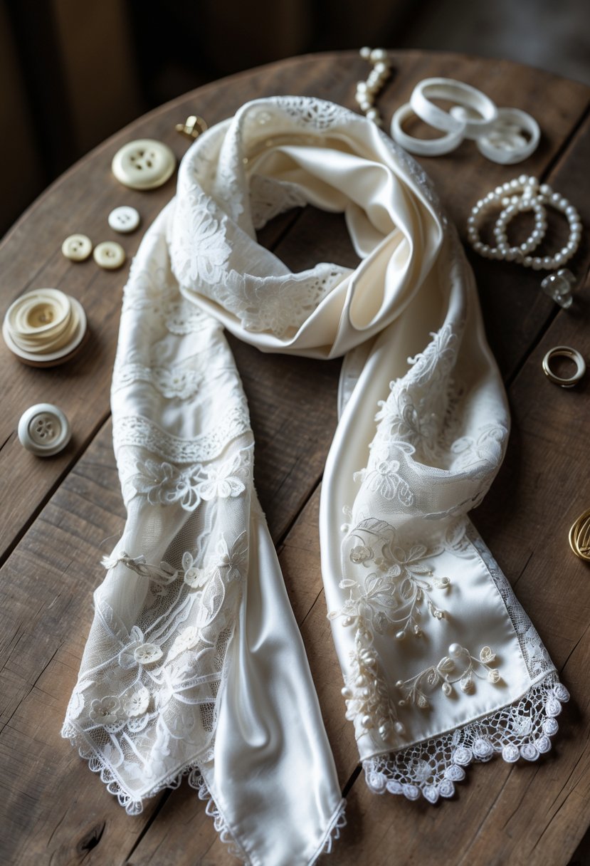 A patchwork scarf made from wedding dress fabrics displayed on a wooden table with wedding keepsake items nearby.