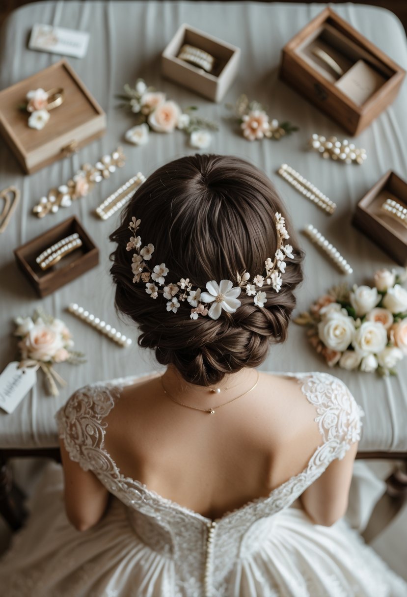Wedding dress on a mannequin surrounded by various hair accessories and keepsake items arranged on a table.