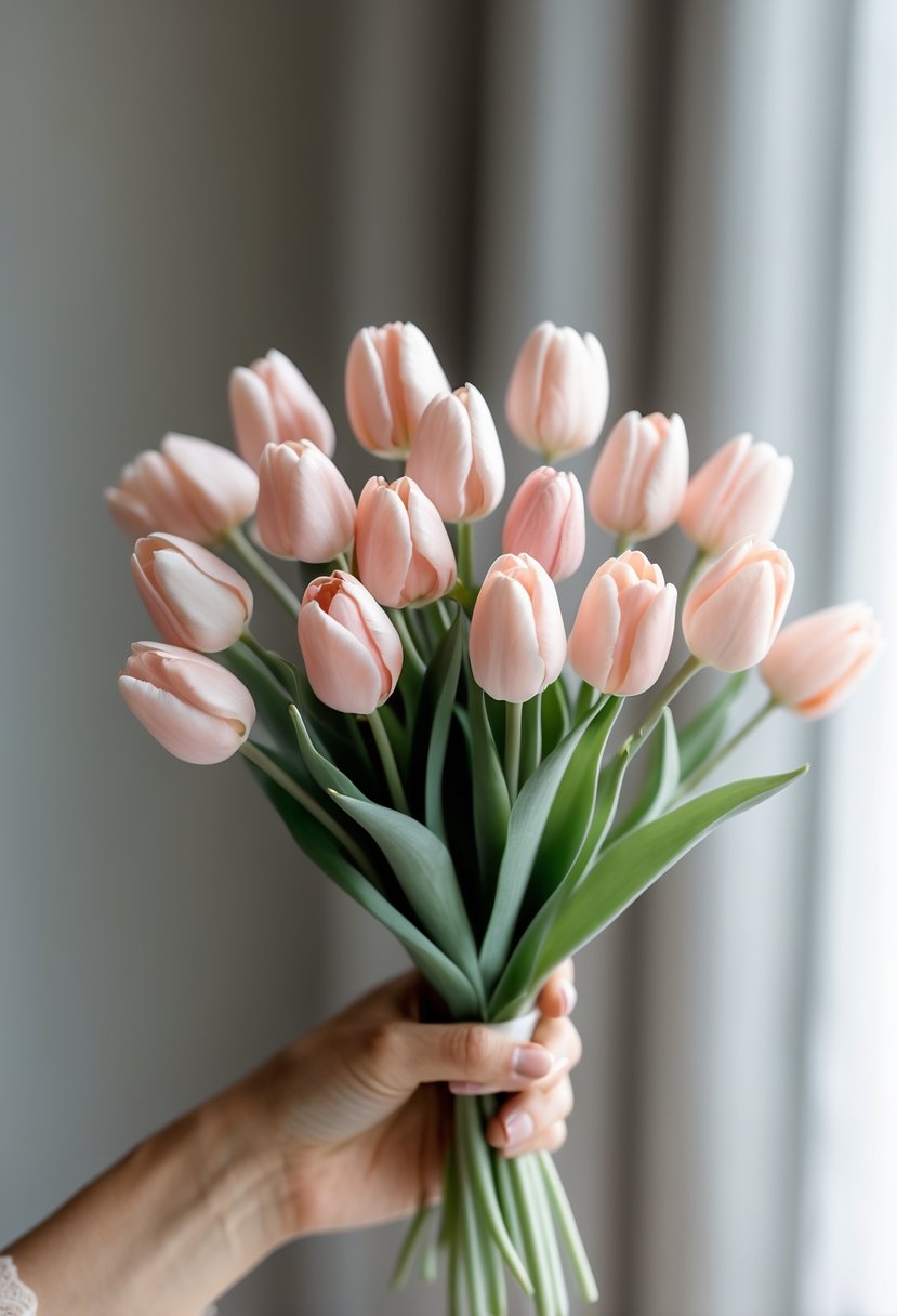 A small bouquet of blush pink tulips held in one hand against a neutral background.