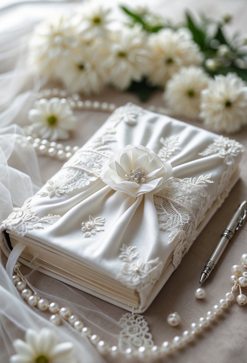 A journal covered in white wedding dress fabric with lace and satin textures, surrounded by small white flowers and pearl beads on a neutral surface.