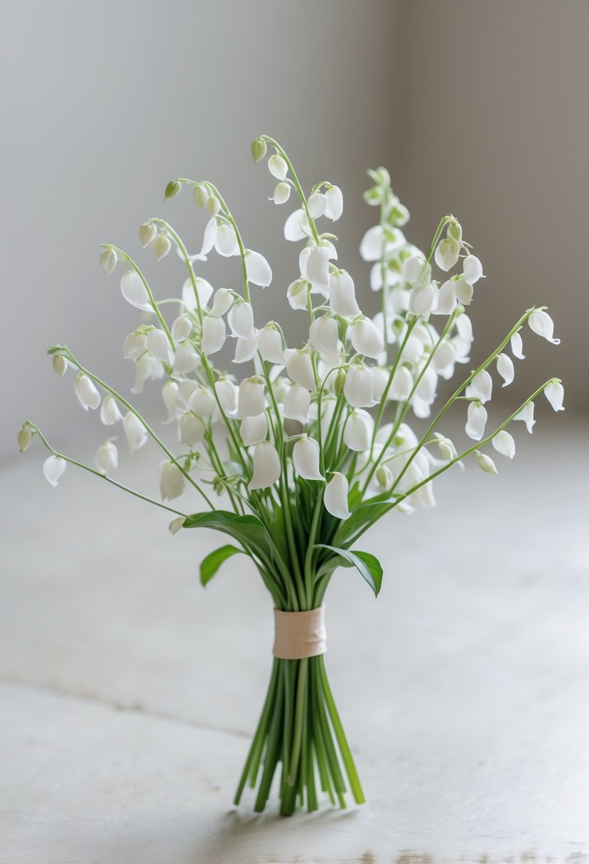 A small bouquet of white sweet pea flowers with green stems on a neutral background.