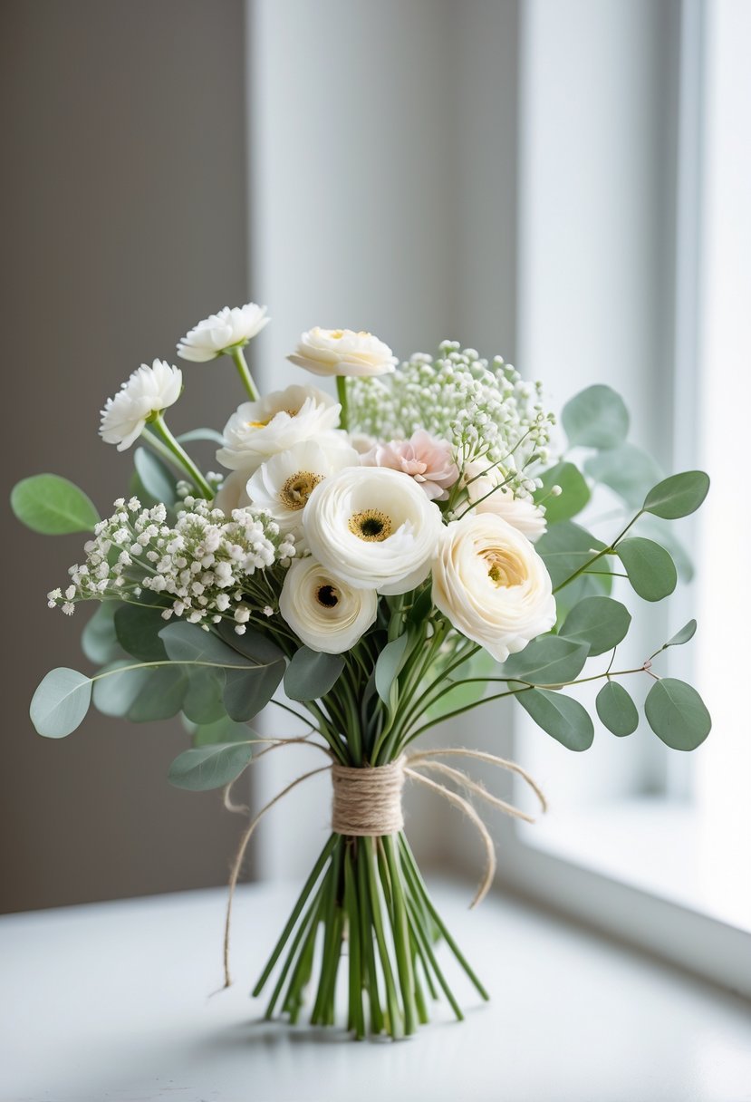 A small simple wedding bouquet with white and pastel flowers tied with a ribbon on a white surface.