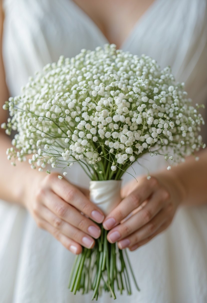 A small bouquet of white Baby's Breath flowers held by hands against a neutral background.