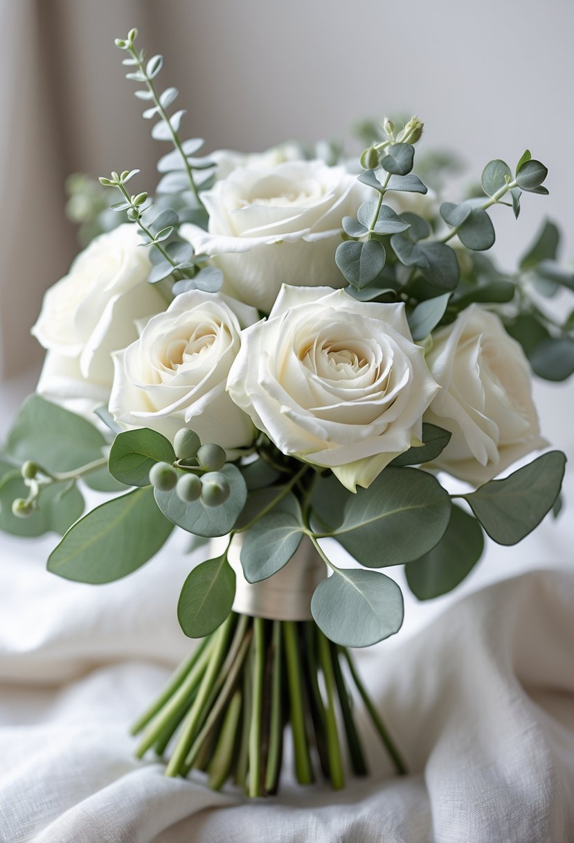 A small wedding bouquet made of white roses and eucalyptus leaves against a blurred neutral background.