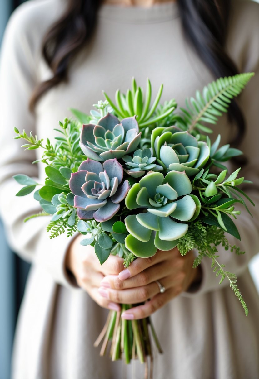 A small wedding bouquet made of succulents and green leaves held by a person, with a blurred background.