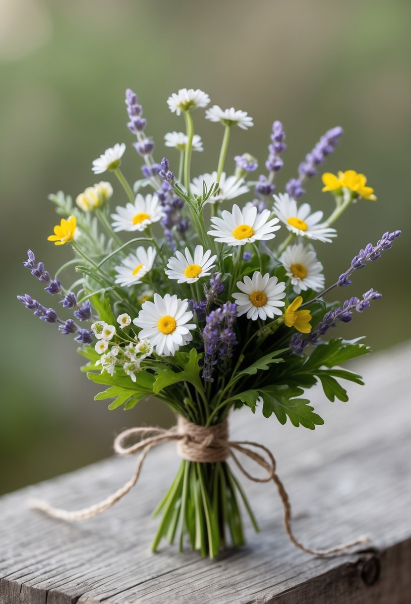 A small bouquet of wildflowers with white daisies, lavender, yellow flowers, and green leaves tied with twine on a wooden surface.