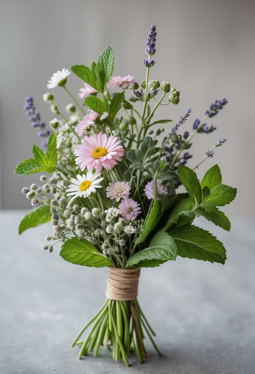 A small wedding bouquet made of wildflowers and mint leaves against a blurred neutral background.