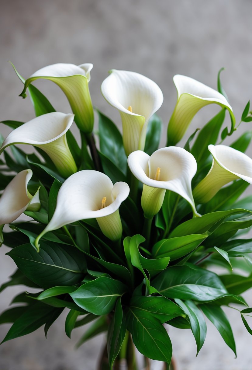 A small wedding bouquet of white calla lilies with green leaves.
