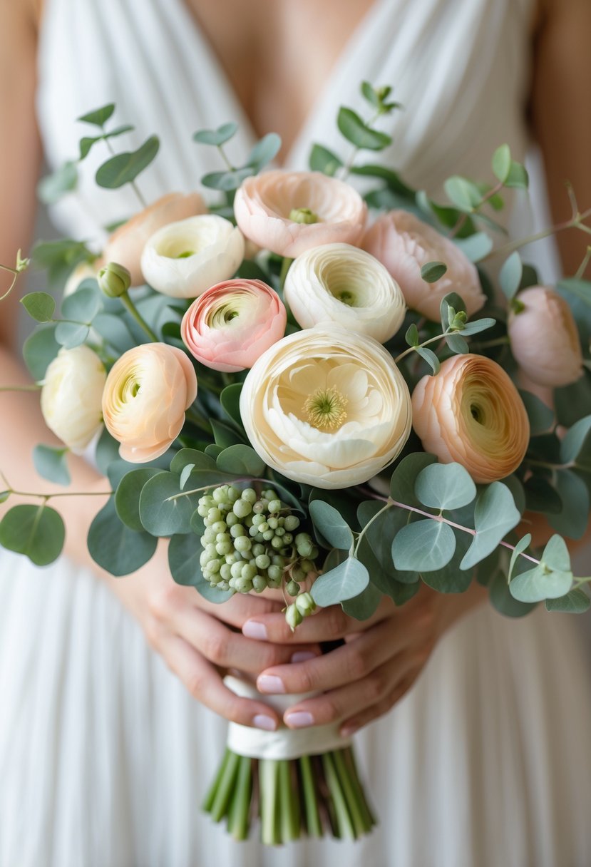 A small wedding bouquet with ranunculus flowers and eucalyptus leaves held against a neutral background.
