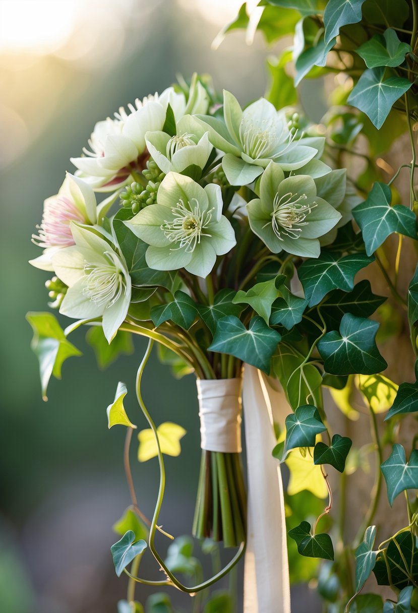 A small wedding bouquet with white hellebore flowers and green ivy leaves twisted together, held by a neutral ribbon.