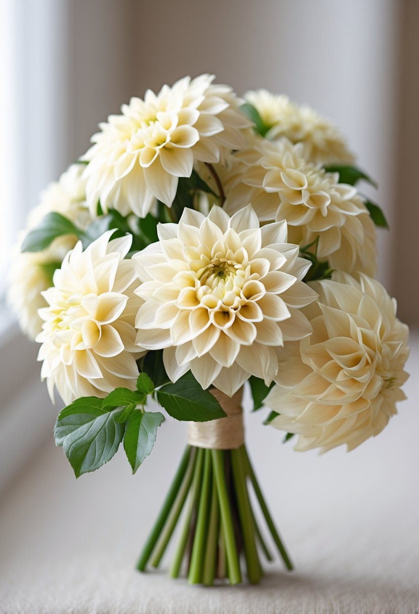 A small bouquet of cream-colored dahlias with green leaves on a softly blurred background.