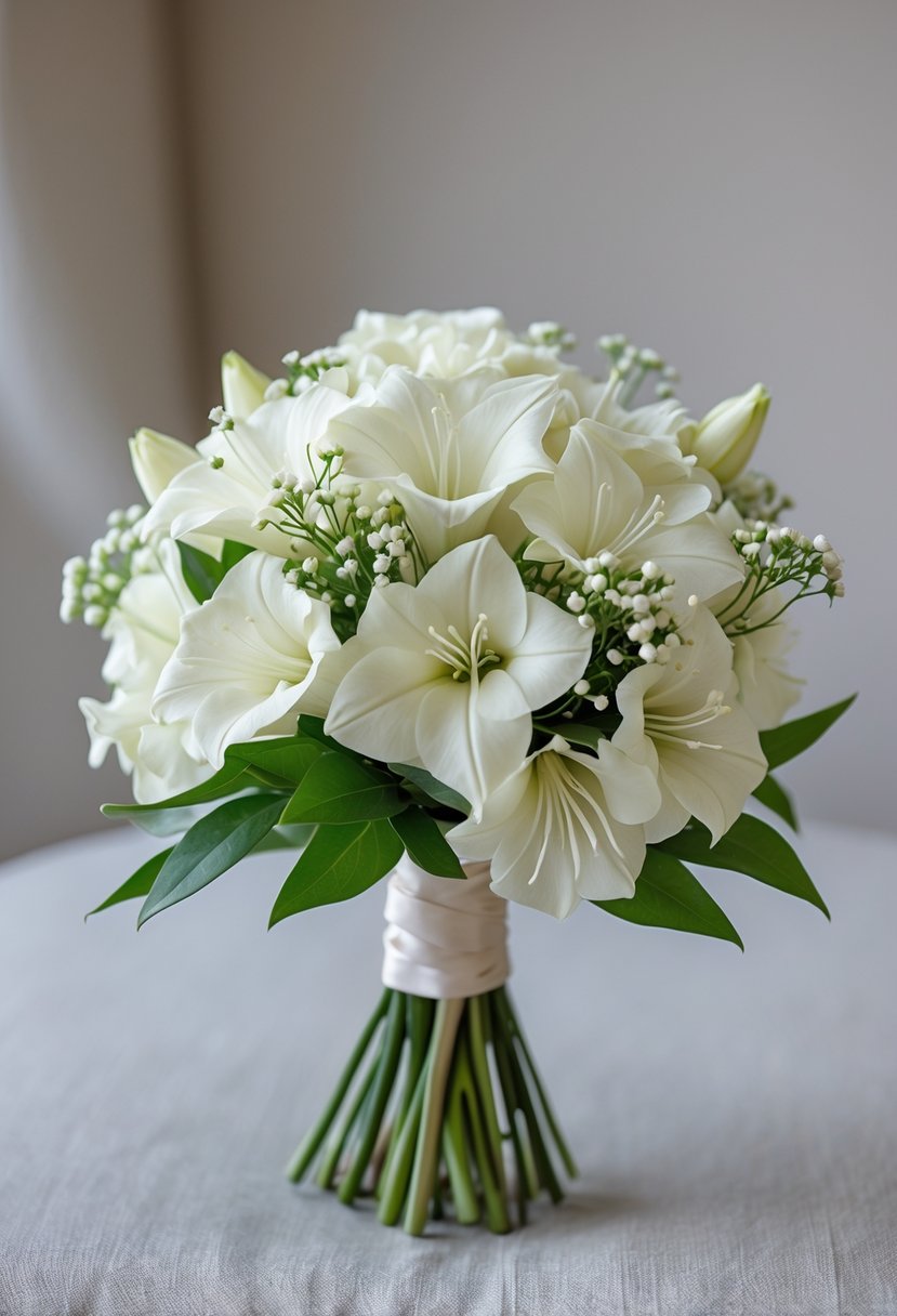 A small bouquet of ivory lisianthus flowers with green leaves on a neutral background.