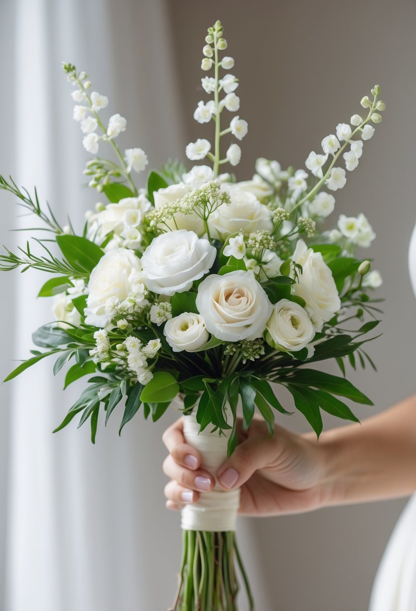 A small wedding bouquet with white waxflower accents and green leaves held against a blurred neutral background.