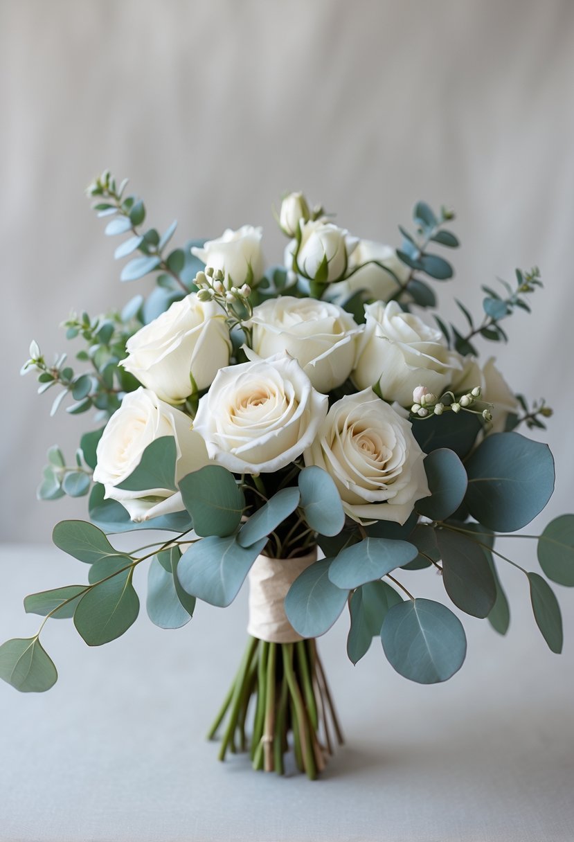 A small wedding bouquet with white spray roses and blue eucalyptus leaves against a blurred neutral background.