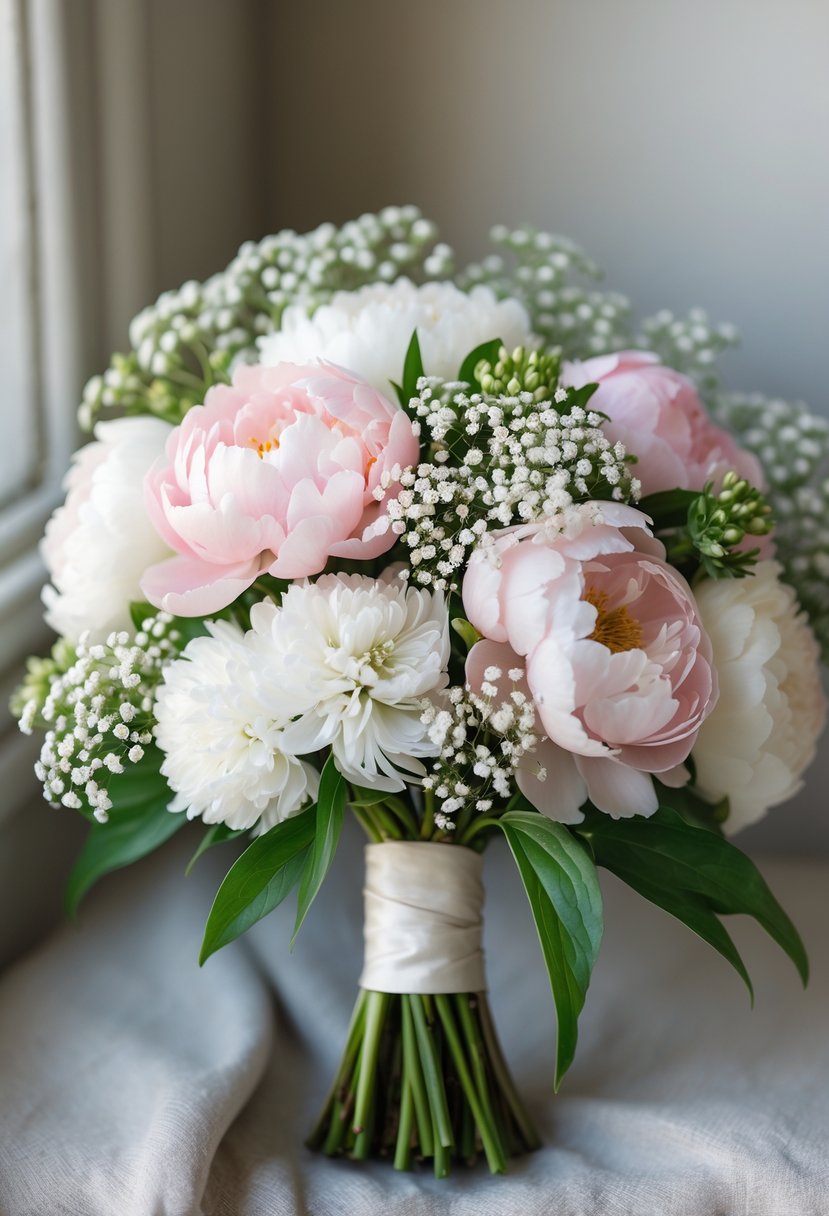 A small wedding bouquet of pink and white peonies mixed with white baby's breath flowers and green leaves on a neutral background.