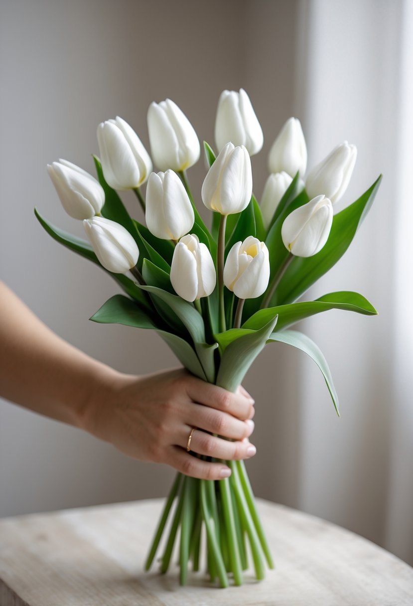 A small bouquet of white tulips with green leaves on a neutral background.