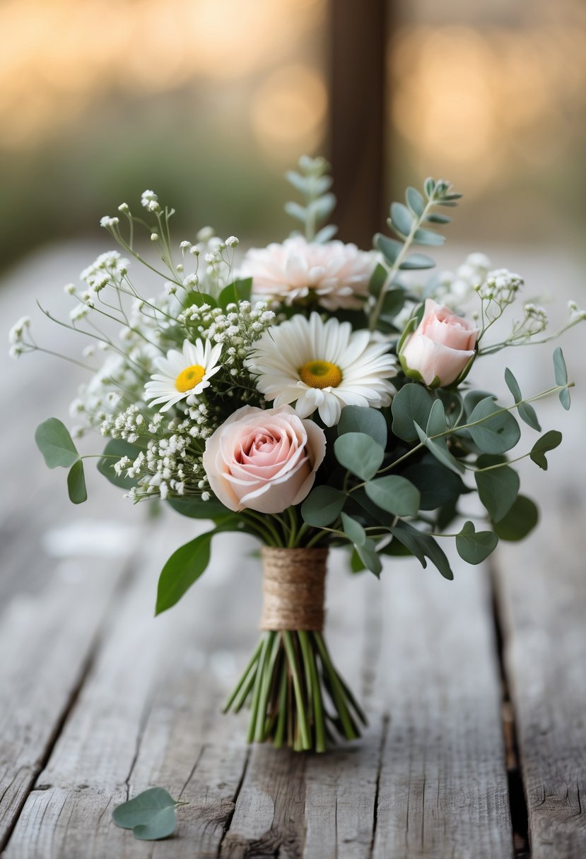 A small, simple wedding bouquet of wildflowers and greenery on a wooden table.