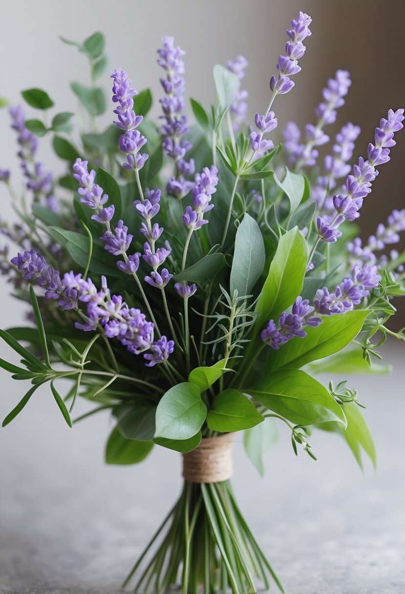A small bouquet of lavender flowers and green leaves arranged together.
