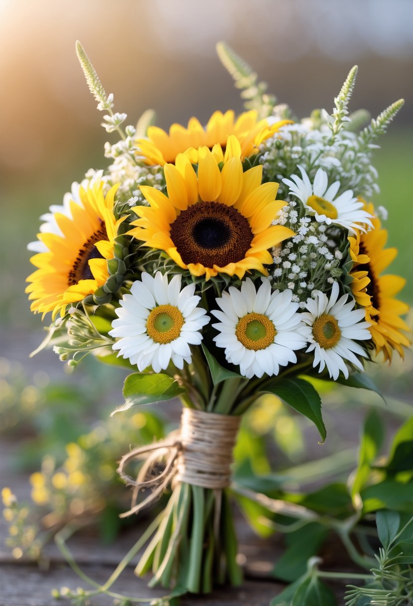 A small bouquet of sunflowers and daisies tied together with a ribbon, set against a softly blurred background.