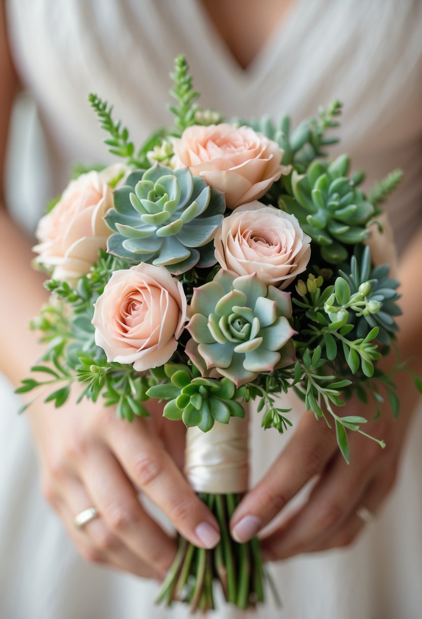 A small wedding bouquet made of succulents and mini roses held in hands against a neutral background.