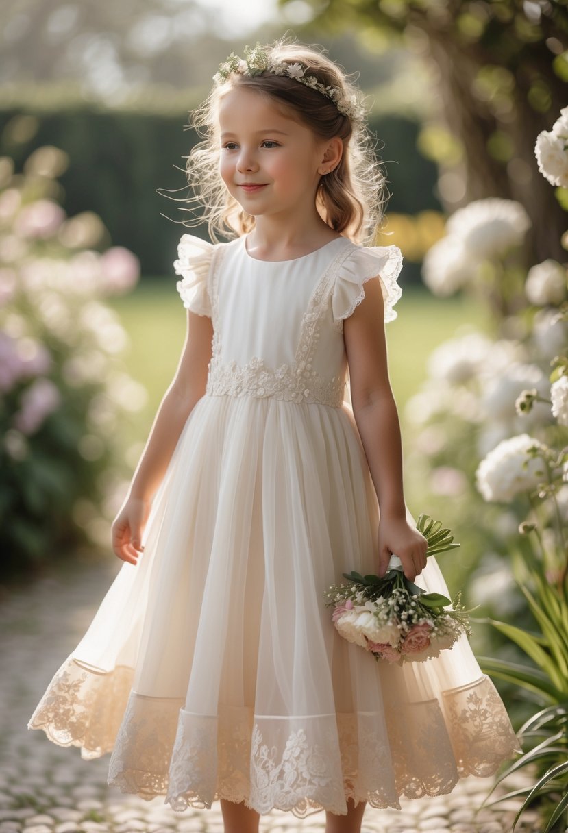 A young flower girl in a white lace dress holding a small bouquet, standing in a garden with flowers and greenery.