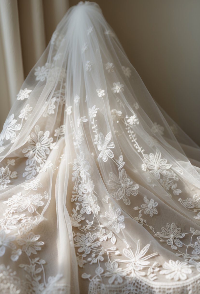 Close-up of a delicate wedding veil made from lace, displayed on a soft neutral background.