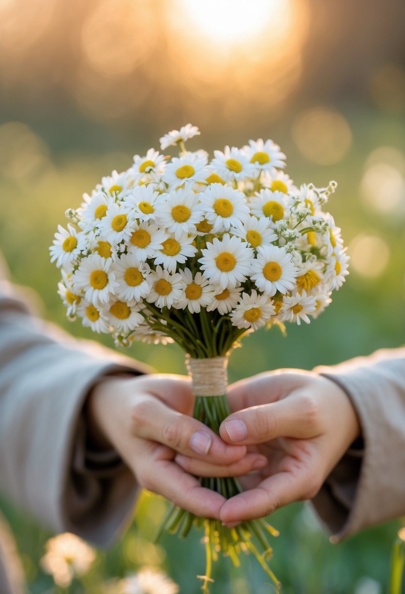 A small bouquet of white daisies with yellow centers held in hands against a blurred natural background.