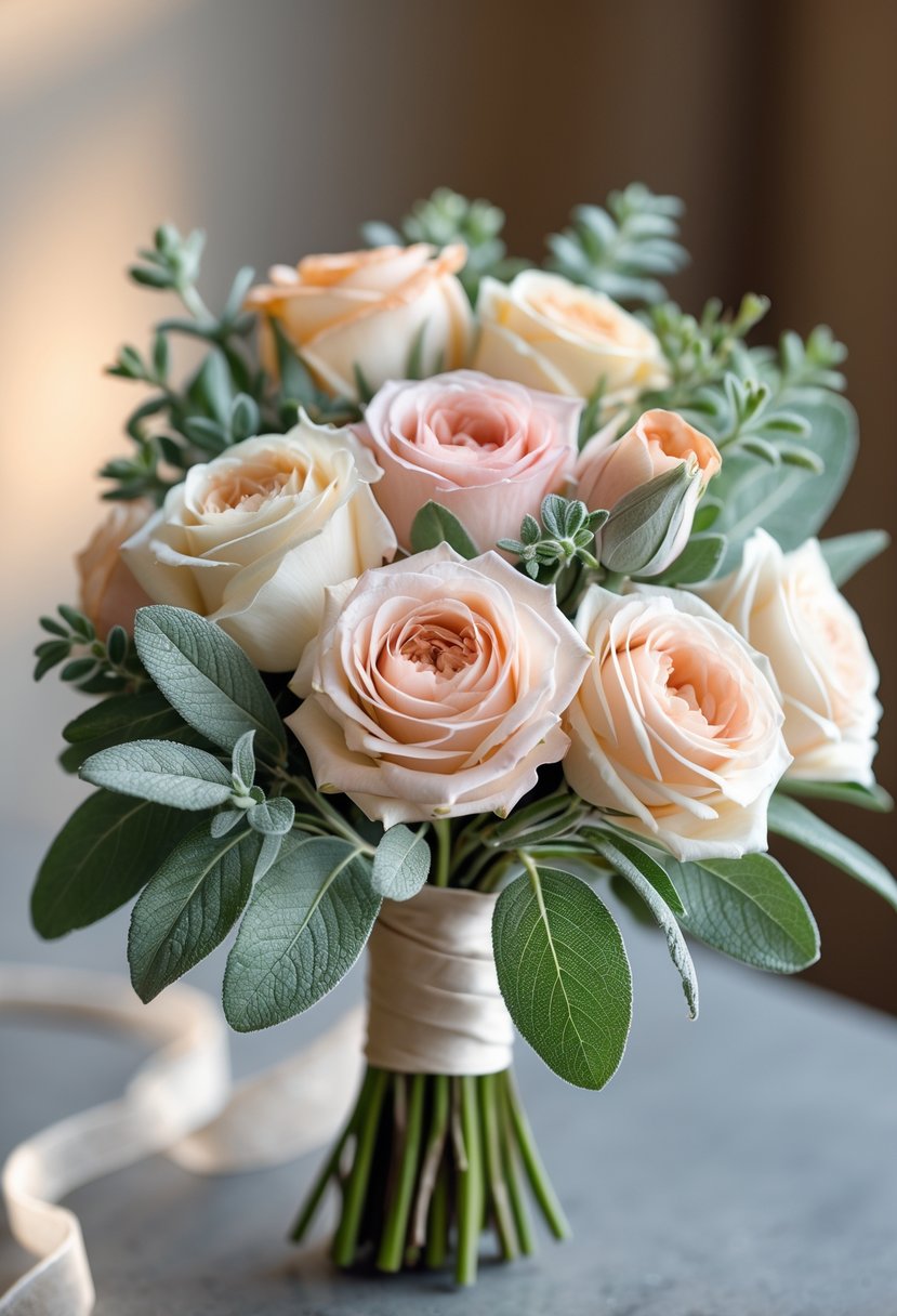 A small wedding bouquet of cream and blush garden roses with green sage leaves against a softly blurred background.