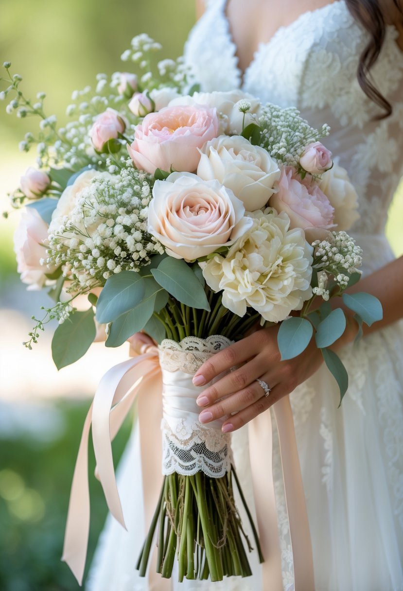 A bridal bouquet wrapped with fabric from a wedding dress, featuring soft pastel flowers and greenery.